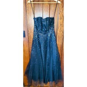 Vintage 1990s Hugo Buscati Beaded Tulle Gown Black Spaghetti Strap Formal Dress